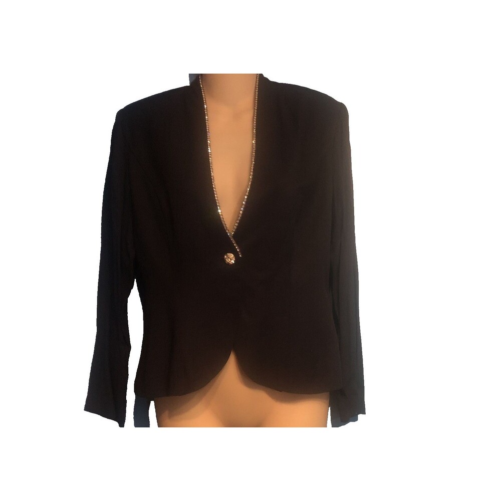 Vintage 1980s JR Nites Petites M Dress Jacket Navy Rhinestone Trim Shoulder Pads